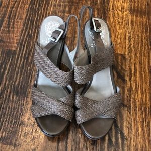 Vince Camuto Brown Strappy Leather Heels with wood look soles Size 8.5B